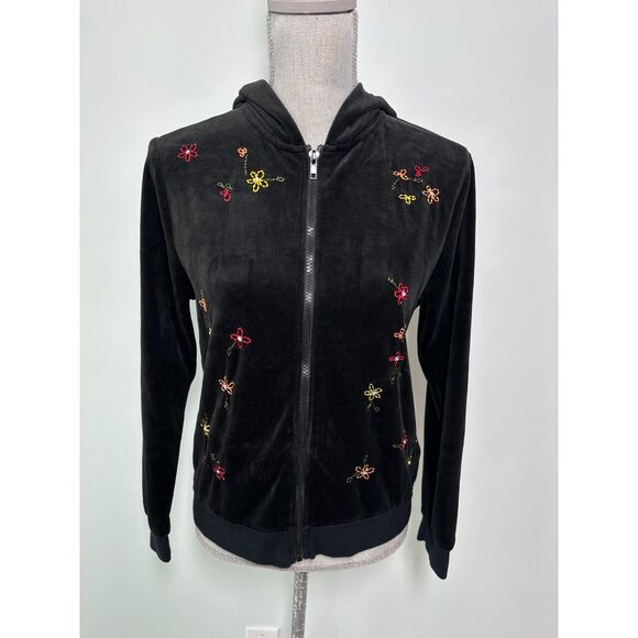 Vintage Y2K Black Velour Floral Embroidered Track Jacket Hoodie size M/L - Picture 1 of 9